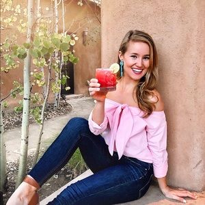 pink off the shoulder bow button down shirt